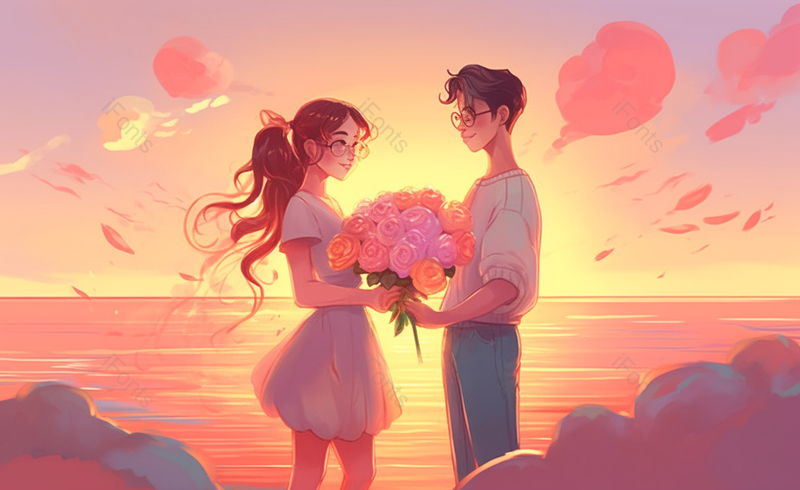 女孩接受男孩的花束520情人节手绘场景,插画/手绘图,插画/手绘图库,插画/手绘图下载,插画/手绘